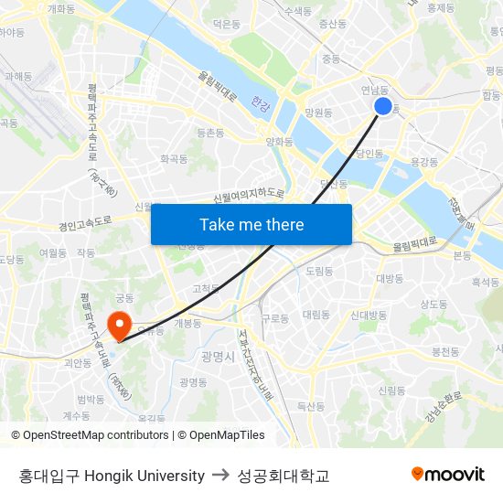 홍대입구 Hongik University to 성공회대학교 map