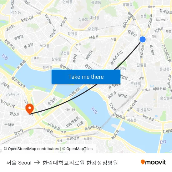 서울 Seoul to 한림대학교의료원 한강성심병원 map