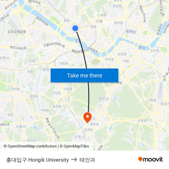 홍대입구 Hongik University to 태안과 map