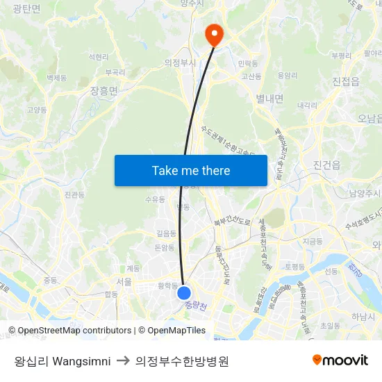 왕십리 Wangsimni to 의정부수한방병원 map