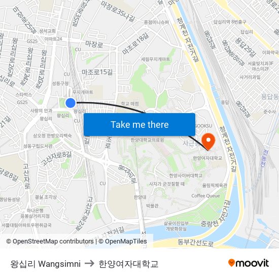 왕십리 Wangsimni to 한양여자대학교 map