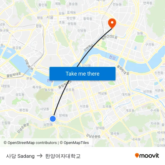 사당 Sadang to 한양여자대학교 map