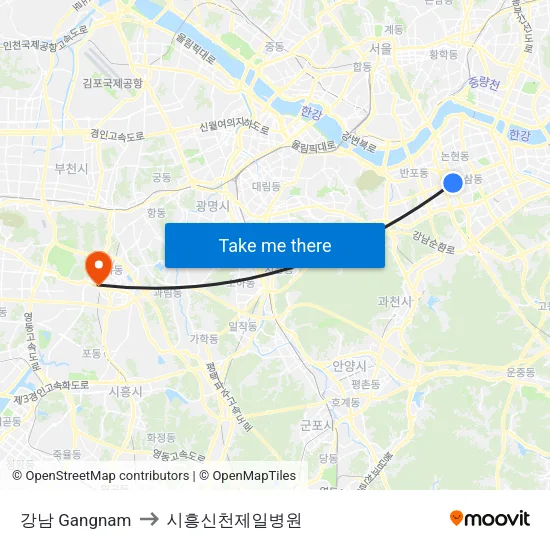 강남 Gangnam to 시흥신천제일병원 map