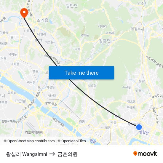 왕십리 Wangsimni to 금촌의원 map