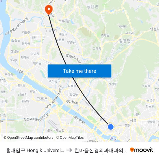 홍대입구 Hongik University to 한마음신경외과내과의원 map