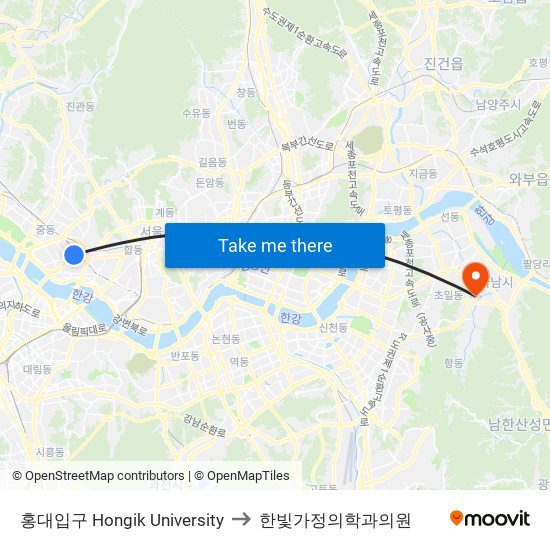 홍대입구 Hongik University to 한빛가정의학과의원 map