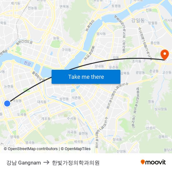 강남 Gangnam to 한빛가정의학과의원 map