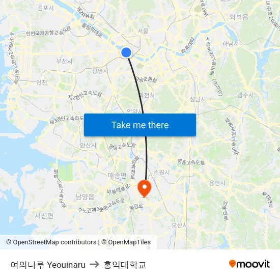 여의나루 Yeouinaru to 홍익대학교 map
