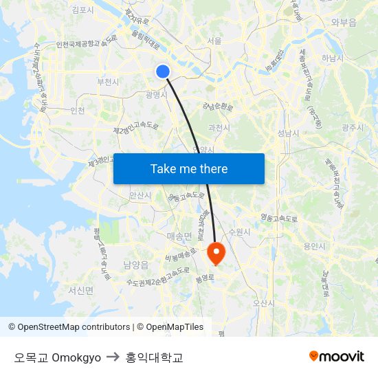오목교 Omokgyo to 홍익대학교 map