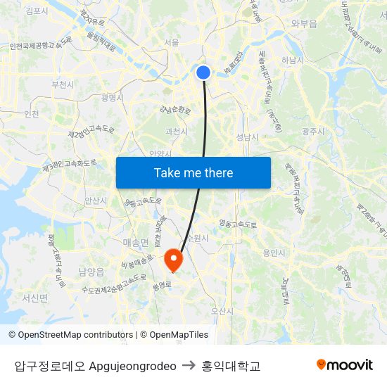 압구정로데오 Apgujeongrodeo to 홍익대학교 map