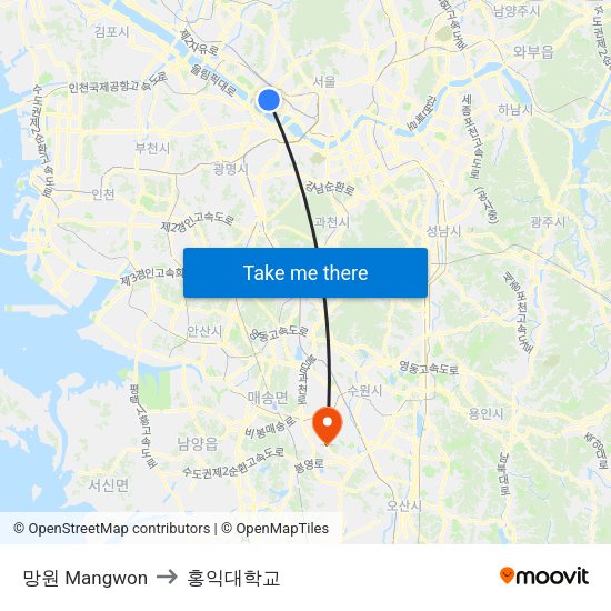 망원 Mangwon to 홍익대학교 map