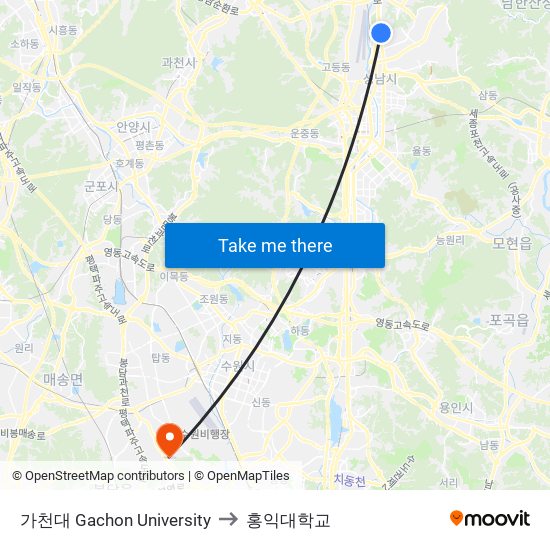 가천대 Gachon University to 홍익대학교 map