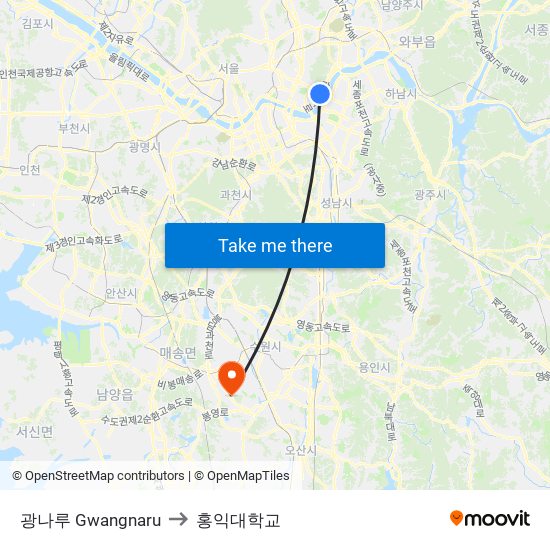 광나루 Gwangnaru to 홍익대학교 map