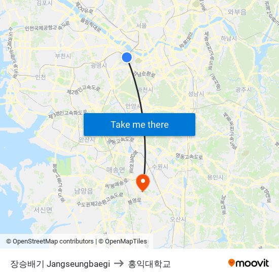 장승배기 Jangseungbaegi to 홍익대학교 map