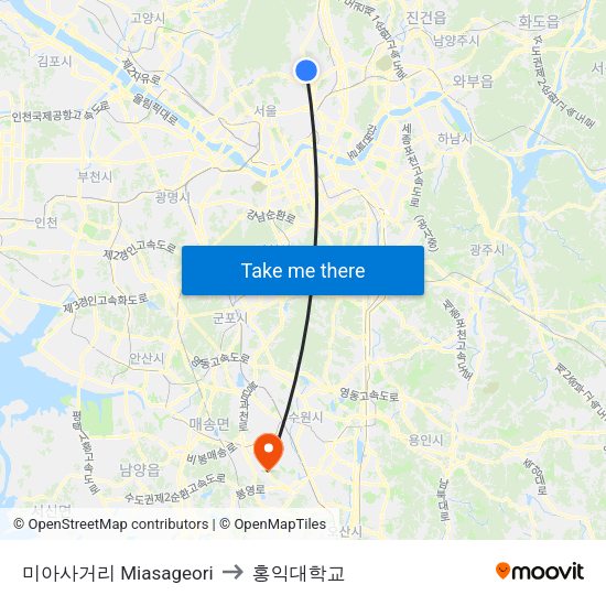 미아사거리 Miasageori to 홍익대학교 map