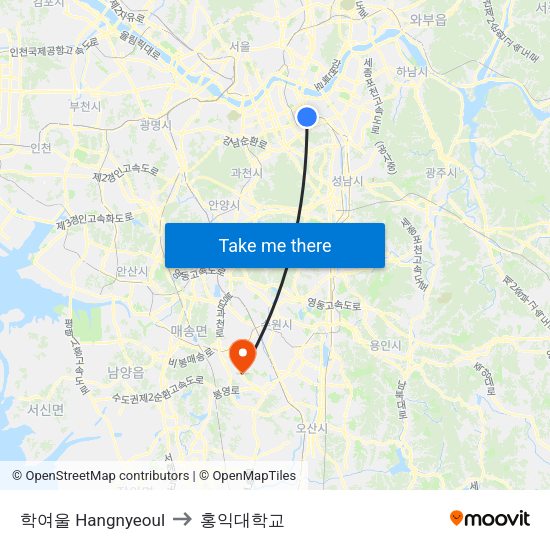 학여울 Hangnyeoul to 홍익대학교 map