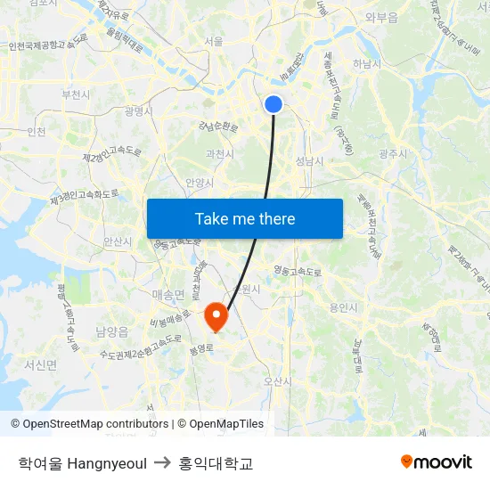 학여울 Hangnyeoul to 홍익대학교 map