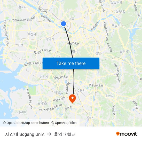 서강대 Sogang Univ. to 홍익대학교 map