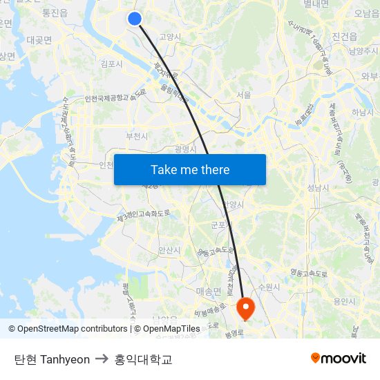 탄현 Tanhyeon to 홍익대학교 map