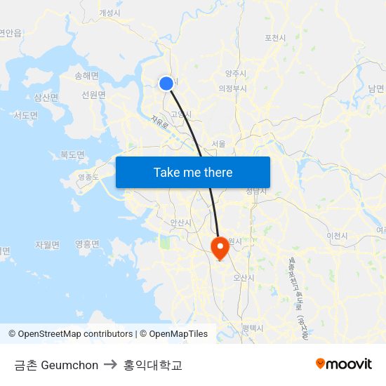 금촌 Geumchon to 홍익대학교 map