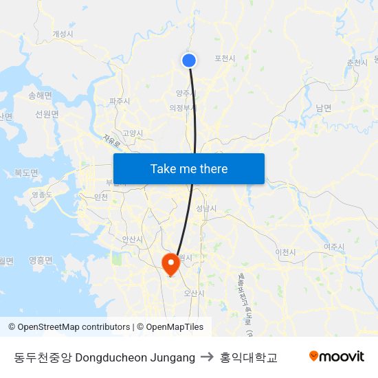 동두천중앙 Dongducheon Jungang to 홍익대학교 map