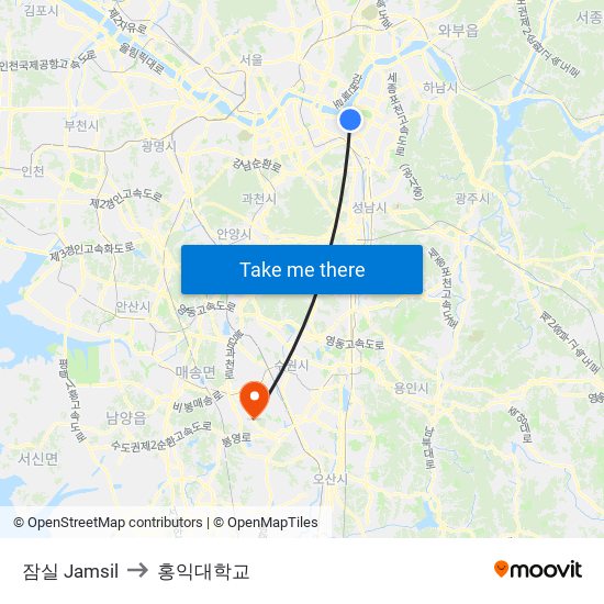 잠실 Jamsil to 홍익대학교 map