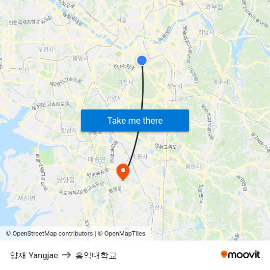 양재 Yangjae to 홍익대학교 map