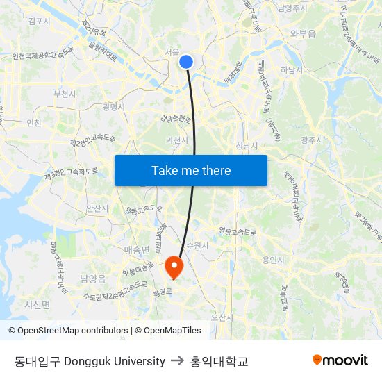 동대입구 Dongguk University to 홍익대학교 map