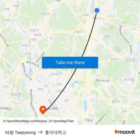 태평 Taepyeong to 홍익대학교 map