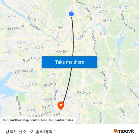 강북보건소 to 홍익대학교 map