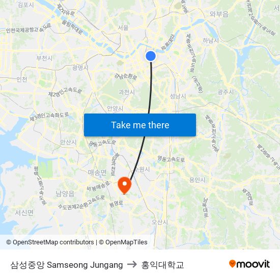 삼성중앙 Samseong Jungang to 홍익대학교 map