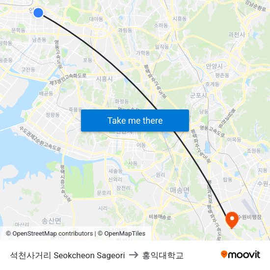 석천사거리 Seokcheon Sageori to 홍익대학교 map