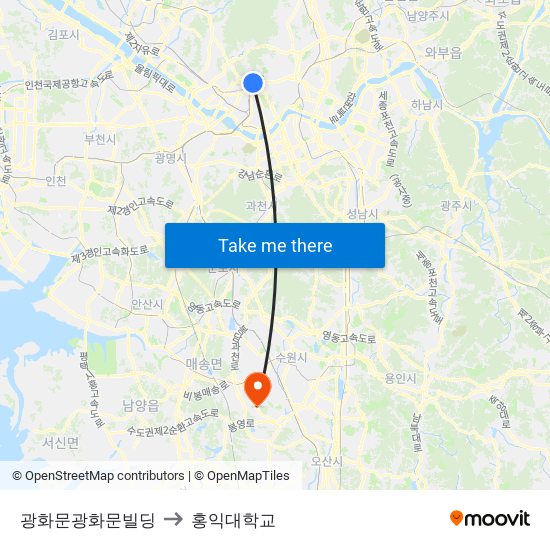 광화문광화문빌딩 to 홍익대학교 map