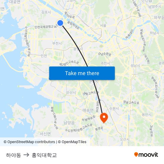 하야동 to 홍익대학교 map