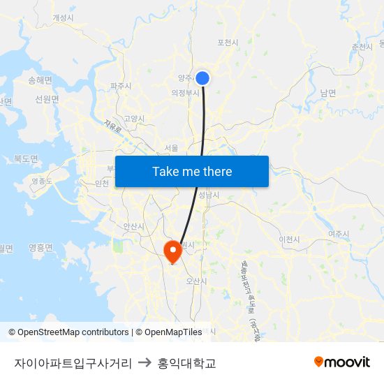 자이아파트입구사거리 to 홍익대학교 map