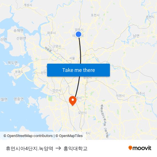 휴먼시아4단지.녹양역 to 홍익대학교 map