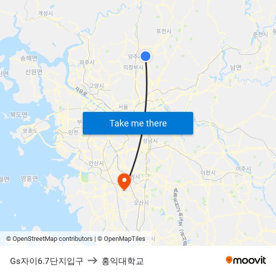 Gs자이6.7단지입구 to 홍익대학교 map