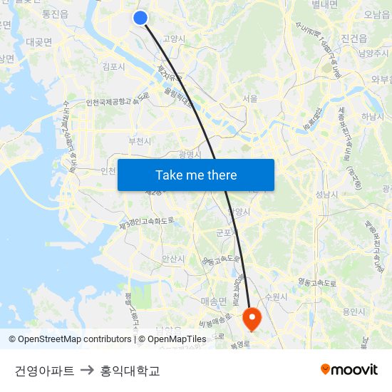 건영아파트 to 홍익대학교 map