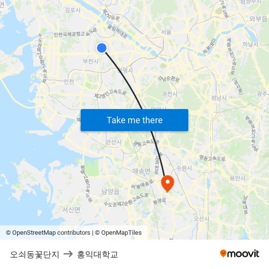 오쇠동꽃단지 to 홍익대학교 map