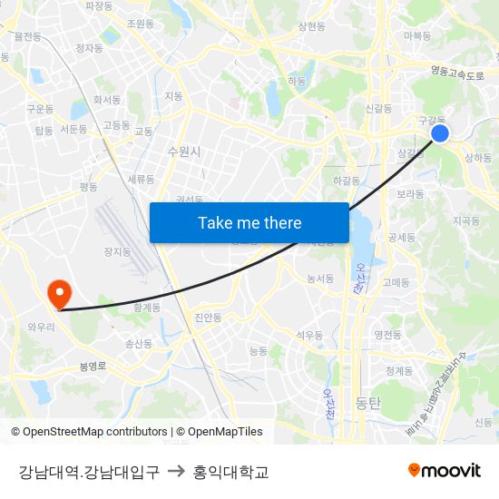 강남대역.강남대입구 to 홍익대학교 map