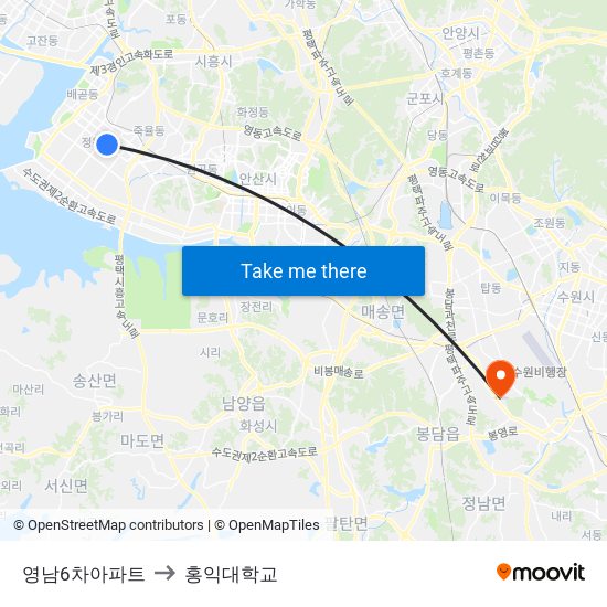 영남6차아파트 to 홍익대학교 map