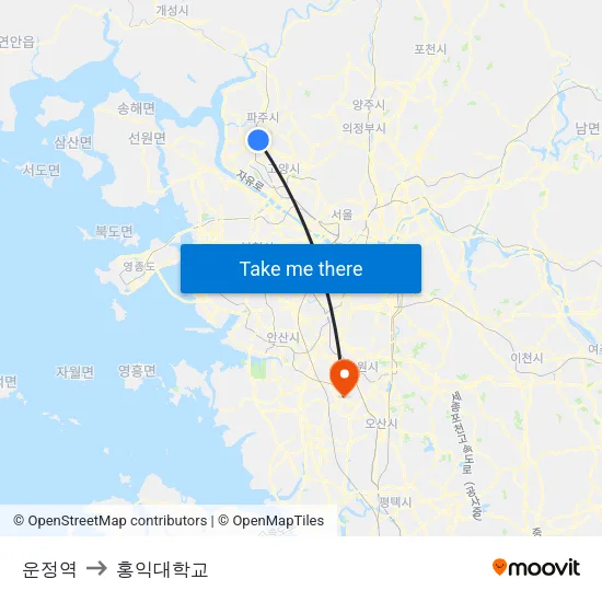 운정역 to 홍익대학교 map