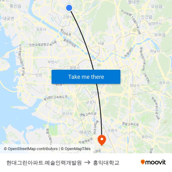 현대그린아파트.예술인력개발원 to 홍익대학교 map