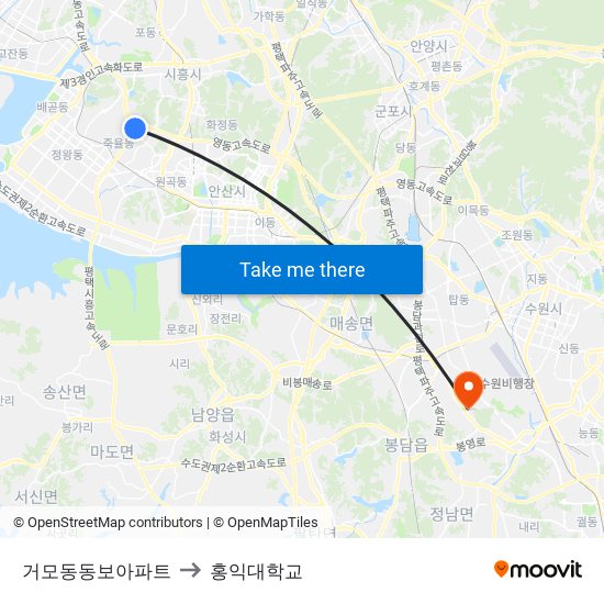 거모동동보아파트 to 홍익대학교 map