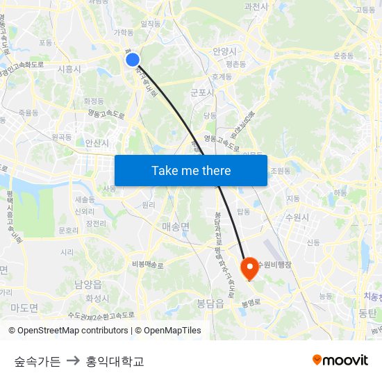 숲속가든 to 홍익대학교 map