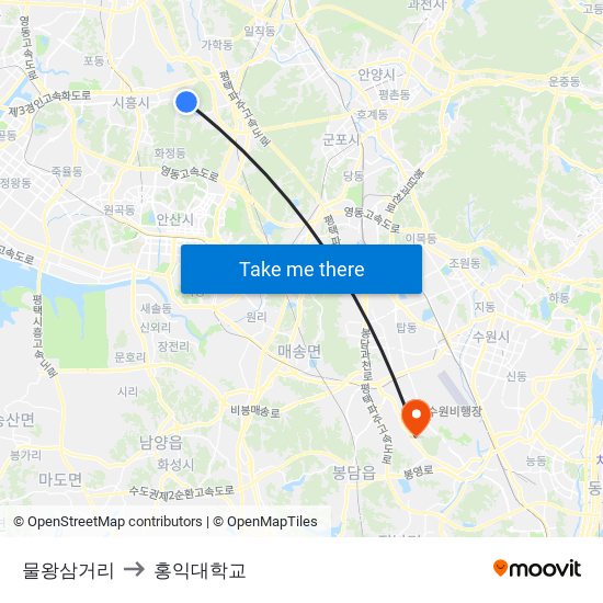 물왕삼거리 to 홍익대학교 map