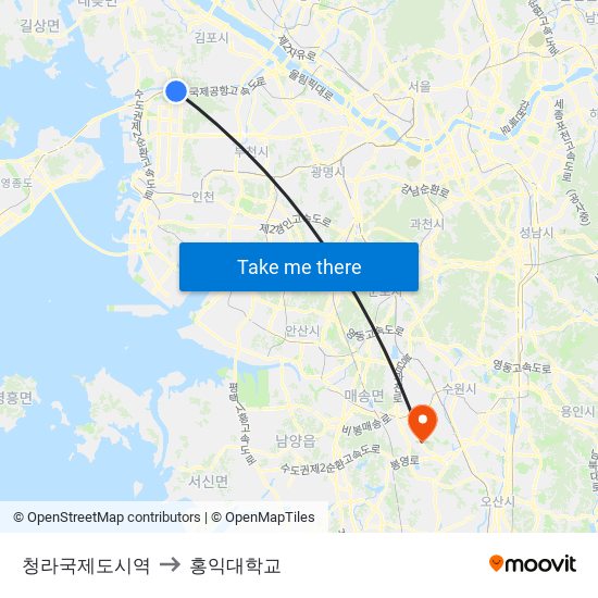 청라국제도시역 to 홍익대학교 map