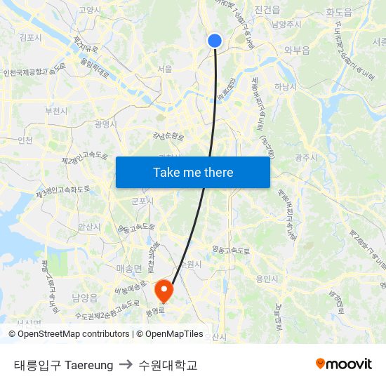 태릉입구 Taereung to 수원대학교 map