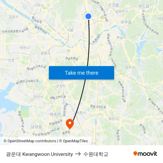 광운대 Kwangwoon University to 수원대학교 map
