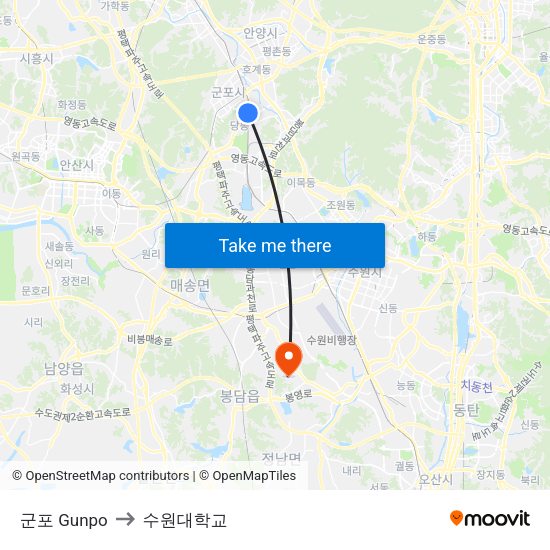 군포 Gunpo to 수원대학교 map